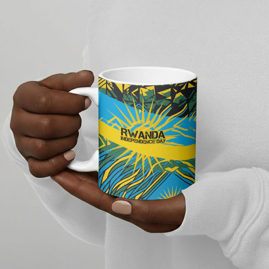 Rwanda Independence Day Ceramic Mug Tribal Geometric Pattern - National Coat Of Arms And Sunburst