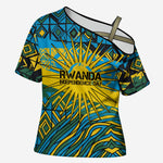 Rwanda Independence Day Cross Shoulder Shirt Tribal Geometric Pattern - National Coat Of Arms And Sunburst