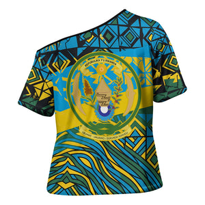 Rwanda Independence Day Cross Shoulder Shirt Tribal Geometric Pattern - National Coat Of Arms And Sunburst