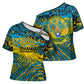Rwanda Independence Day Cross Shoulder Shirt Tribal Geometric Pattern - National Coat Of Arms And Sunburst