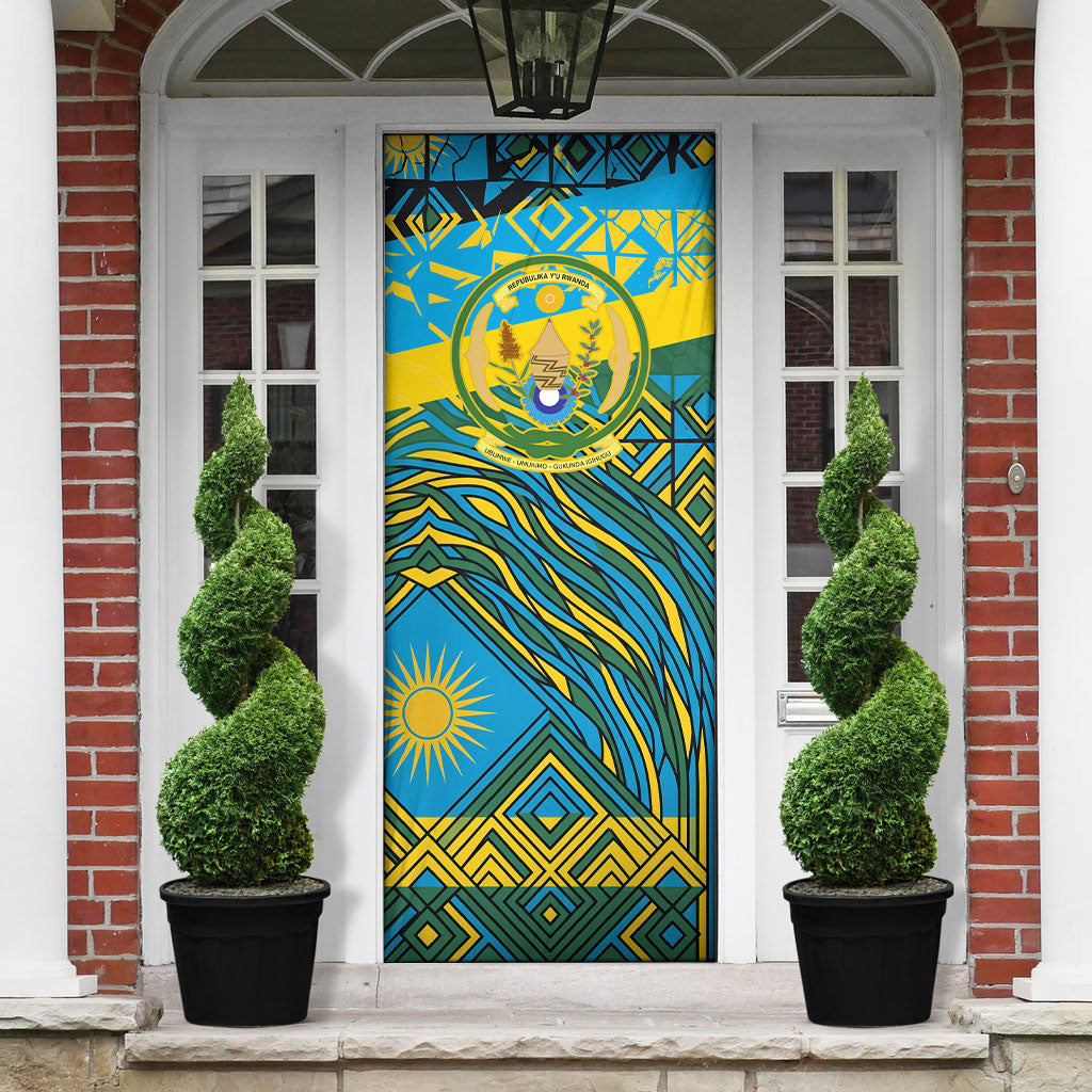 Rwanda Independence Day Door Cover Tribal Geometric Pattern - National Coat Of Arms And Sunburst