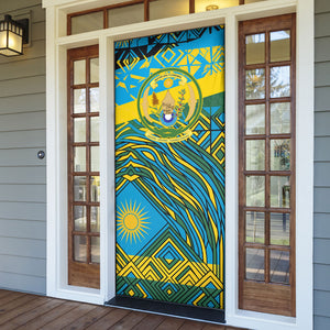 Rwanda Independence Day Door Cover Tribal Geometric Pattern - National Coat Of Arms And Sunburst