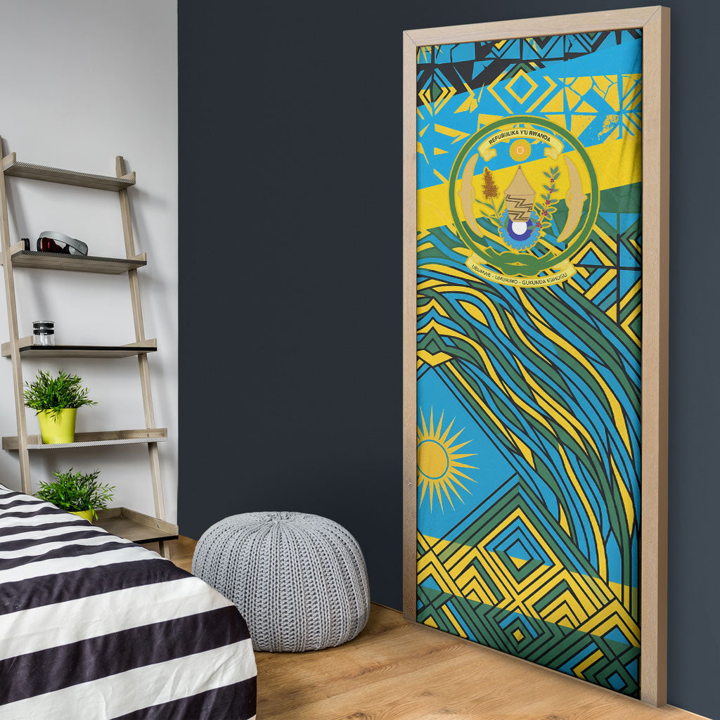 Rwanda Independence Day Door Cover Tribal Geometric Pattern - National Coat Of Arms And Sunburst