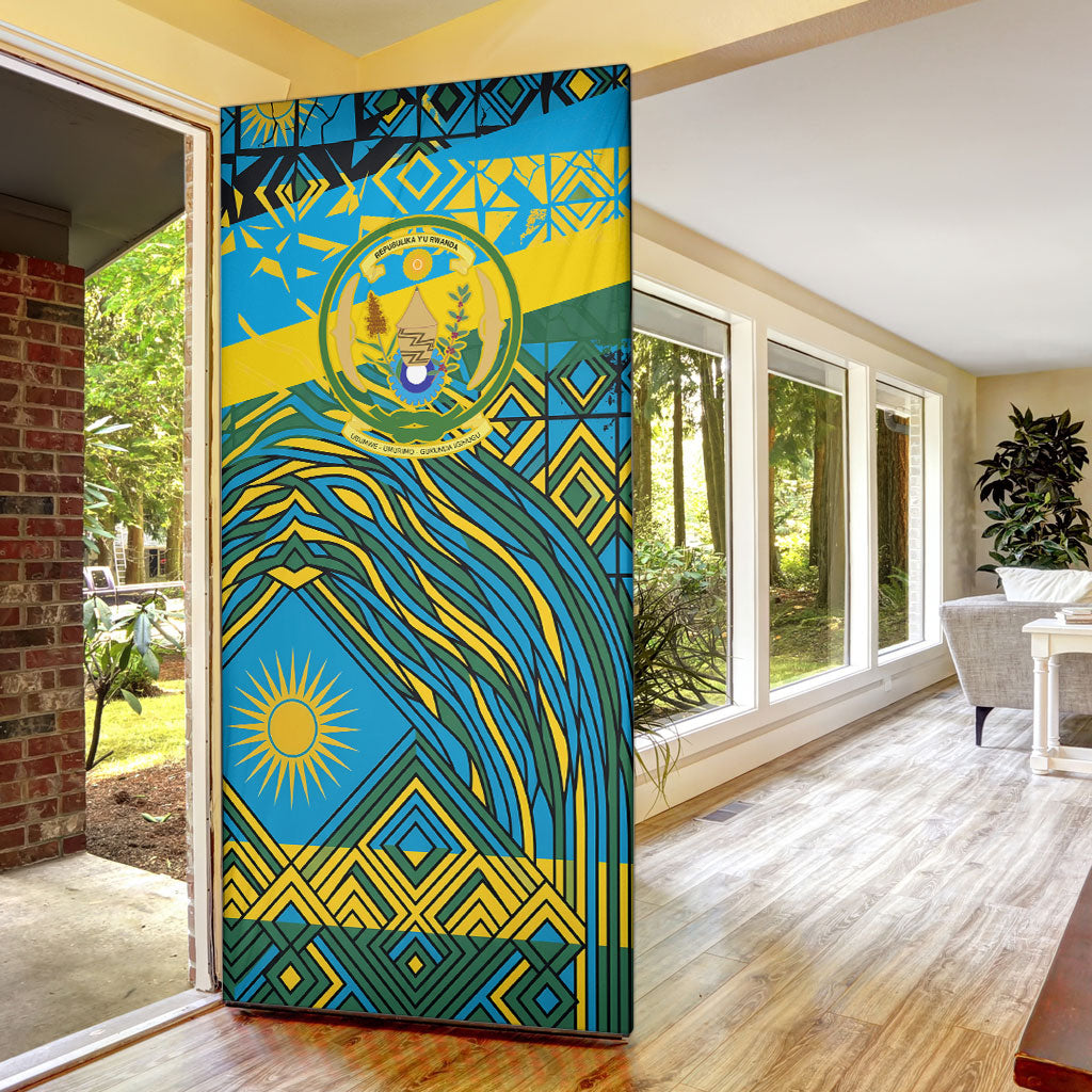 Rwanda Independence Day Door Cover Tribal Geometric Pattern - National Coat Of Arms And Sunburst