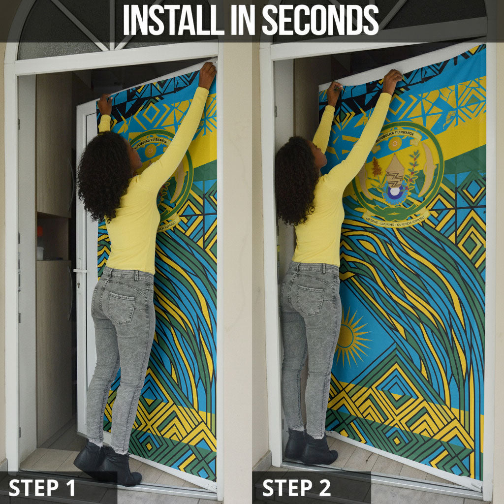 Rwanda Independence Day Door Cover Tribal Geometric Pattern - National Coat Of Arms And Sunburst