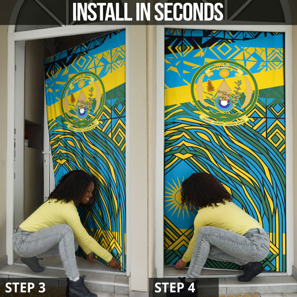 Rwanda Independence Day Door Cover Tribal Geometric Pattern - National Coat Of Arms And Sunburst