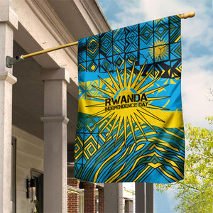 Rwanda Independence Day Garden Flag Tribal Geometric Pattern - National Coat Of Arms And Sunburst