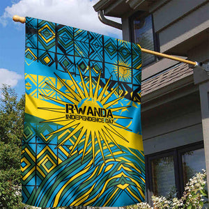 Rwanda Independence Day Garden Flag Tribal Geometric Pattern - National Coat Of Arms And Sunburst