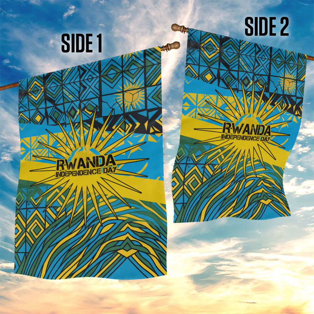 Rwanda Independence Day Garden Flag Tribal Geometric Pattern - National Coat Of Arms And Sunburst