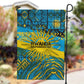 Rwanda Independence Day Garden Flag Tribal Geometric Pattern - National Coat Of Arms And Sunburst