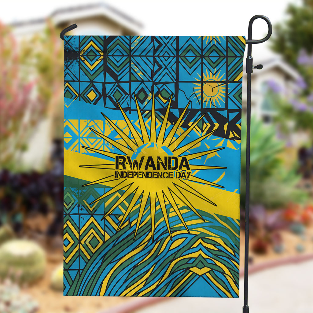 Rwanda Independence Day Garden Flag Tribal Geometric Pattern - National Coat Of Arms And Sunburst