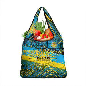 Rwanda Independence Day Grocery Bag Tribal Geometric Pattern - National Coat Of Arms And Sunburst