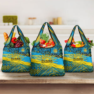 Rwanda Independence Day Grocery Bag Tribal Geometric Pattern - National Coat Of Arms And Sunburst