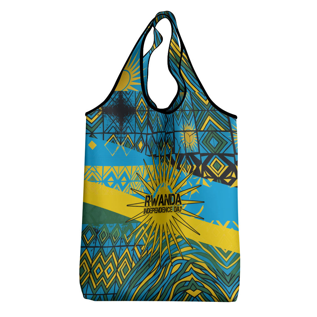 Rwanda Independence Day Grocery Bag Tribal Geometric Pattern - National Coat Of Arms And Sunburst