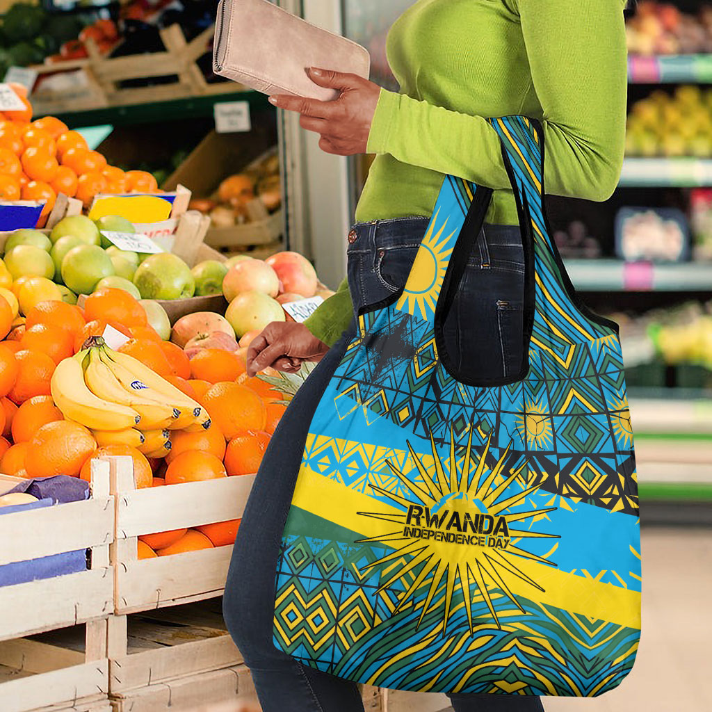 Rwanda Independence Day Grocery Bag Tribal Geometric Pattern - National Coat Of Arms And Sunburst