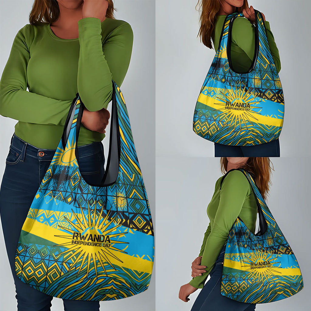 Rwanda Independence Day Grocery Bag Tribal Geometric Pattern - National Coat Of Arms And Sunburst