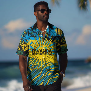 Rwanda Independence Day Hawaiian Shirt Tribal Geometric Pattern - National Coat Of Arms And Sunburst