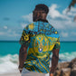Rwanda Independence Day Hawaiian Shirt Tribal Geometric Pattern - National Coat Of Arms And Sunburst
