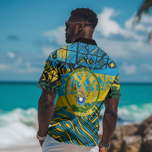 Rwanda Independence Day Hawaiian Shirt Tribal Geometric Pattern - National Coat Of Arms And Sunburst