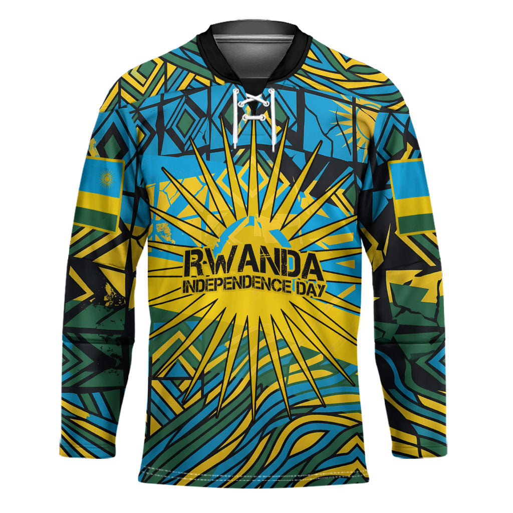 Rwanda Independence Day Hockey Jersey Tribal Geometric Pattern - National Coat Of Arms And Sunburst