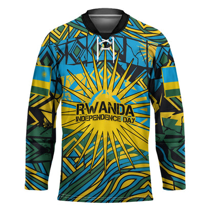 Rwanda Independence Day Hockey Jersey Tribal Geometric Pattern - National Coat Of Arms And Sunburst