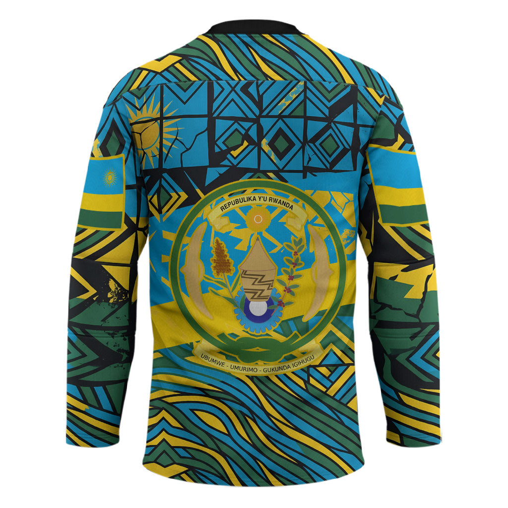 Rwanda Independence Day Hockey Jersey Tribal Geometric Pattern - National Coat Of Arms And Sunburst