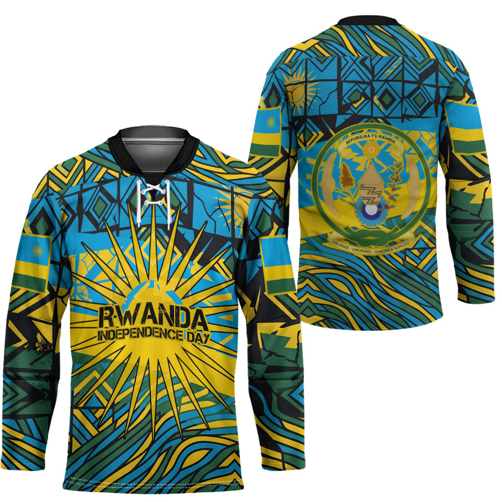 Rwanda Independence Day Hockey Jersey Tribal Geometric Pattern - National Coat Of Arms And Sunburst