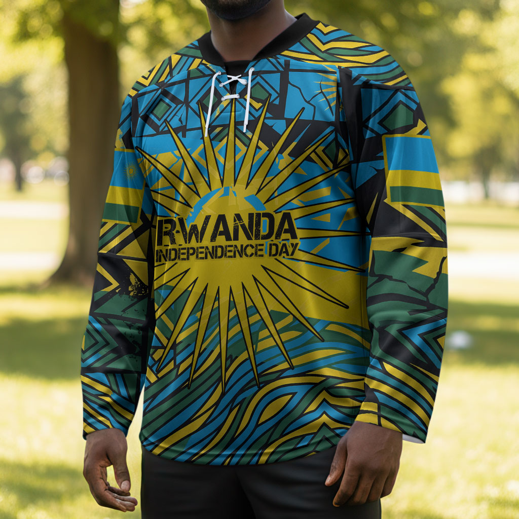 Rwanda Independence Day Hockey Jersey Tribal Geometric Pattern - National Coat Of Arms And Sunburst