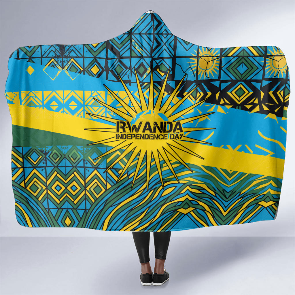 Rwanda Independence Day Hooded Blanket Tribal Geometric Pattern - National Coat Of Arms And Sunburst