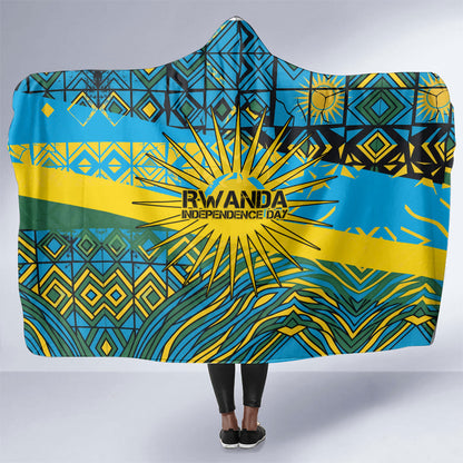 Rwanda Independence Day Hooded Blanket Tribal Geometric Pattern - National Coat Of Arms And Sunburst