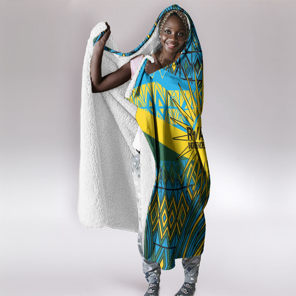 Rwanda Independence Day Hooded Blanket Tribal Geometric Pattern - National Coat Of Arms And Sunburst
