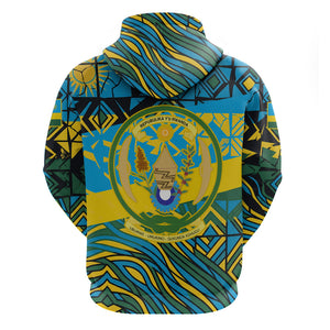 Rwanda Independence Day Hoodie Tribal Geometric Pattern - National Coat Of Arms And Sunburst