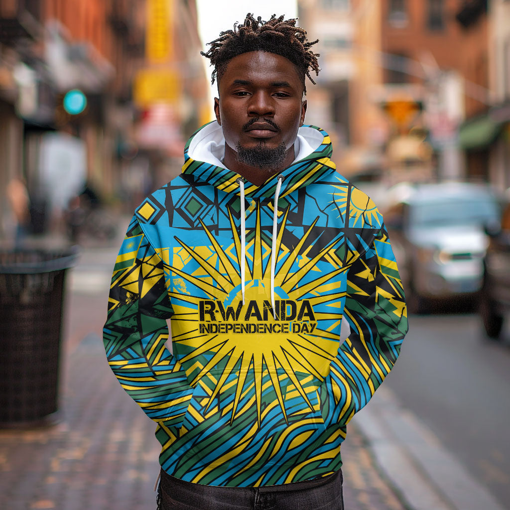 Rwanda Independence Day Hoodie Tribal Geometric Pattern - National Coat Of Arms And Sunburst