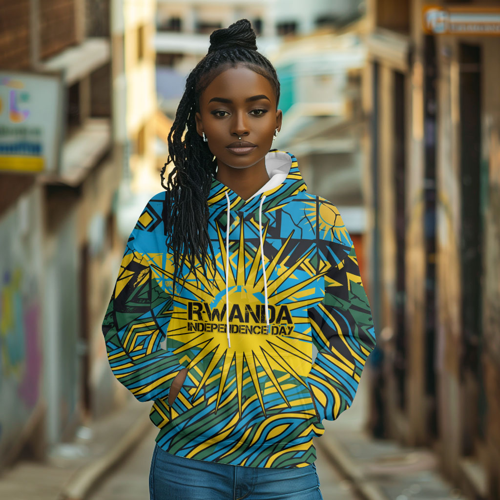 Rwanda Independence Day Hoodie Tribal Geometric Pattern - National Coat Of Arms And Sunburst
