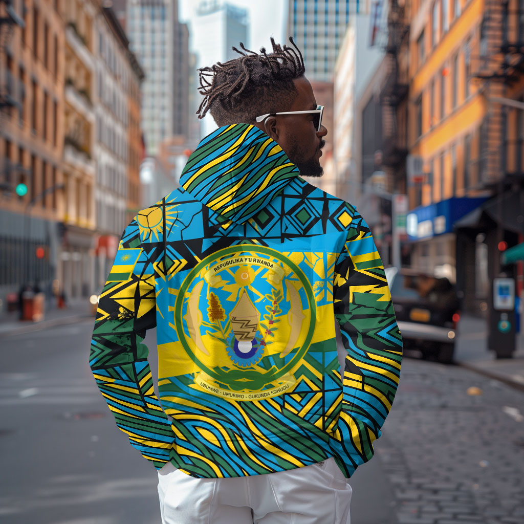 Rwanda Independence Day Hoodie Tribal Geometric Pattern - National Coat Of Arms And Sunburst