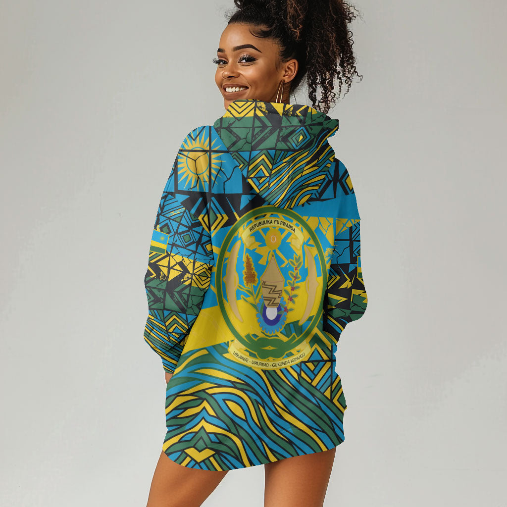 Rwanda Independence Day Hoodie Dress Tribal Geometric Pattern - National Coat Of Arms And Sunburst