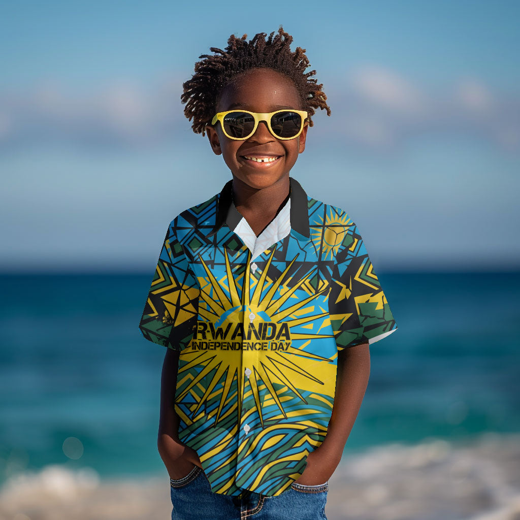 Rwanda Independence Day Kid Hawaiian Shirt Tribal Geometric Pattern - National Coat Of Arms And Sunburst