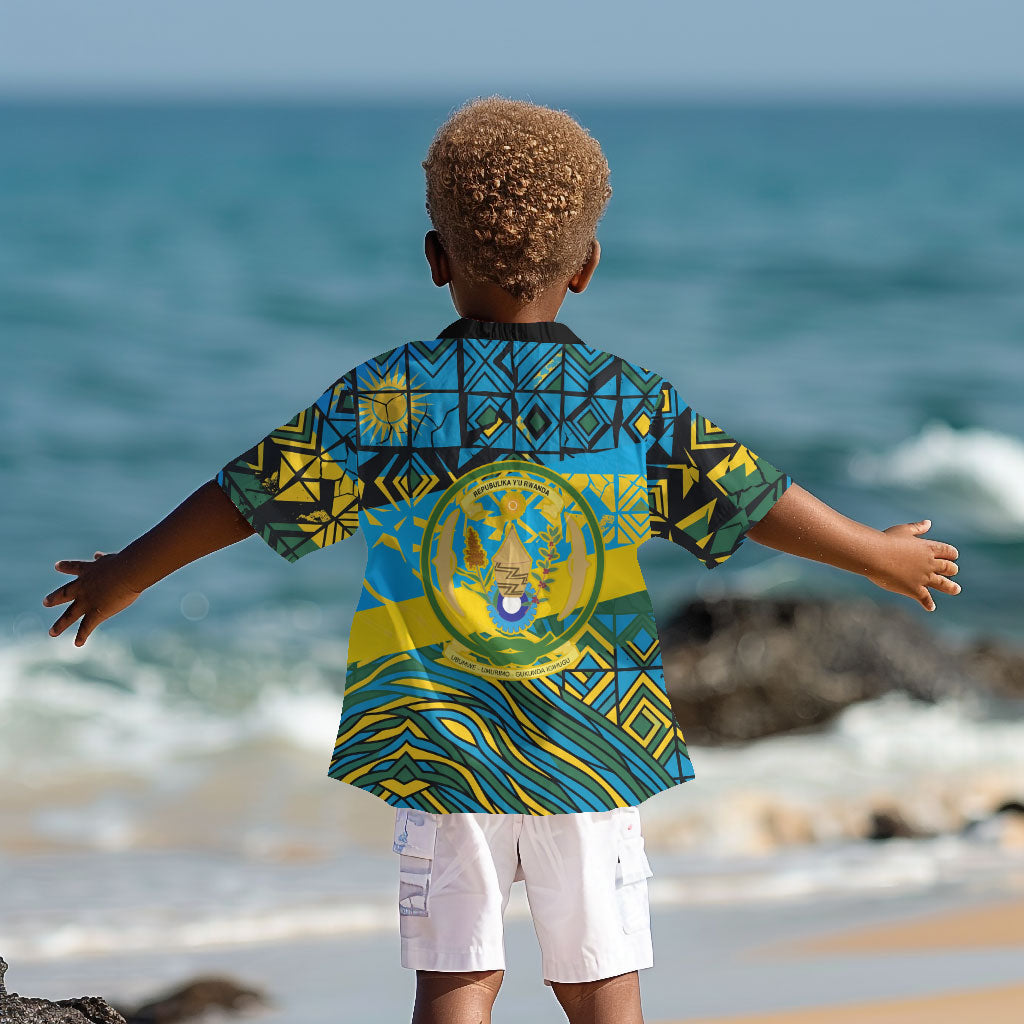 Rwanda Independence Day Kid Hawaiian Shirt Tribal Geometric Pattern - National Coat Of Arms And Sunburst