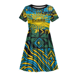 Rwanda Independence Day Kid Short Sleeve Dress Tribal Geometric Pattern - National Coat Of Arms And Sunburst