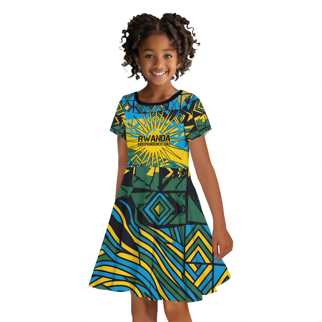 Rwanda Independence Day Kid Short Sleeve Dress Tribal Geometric Pattern - National Coat Of Arms And Sunburst