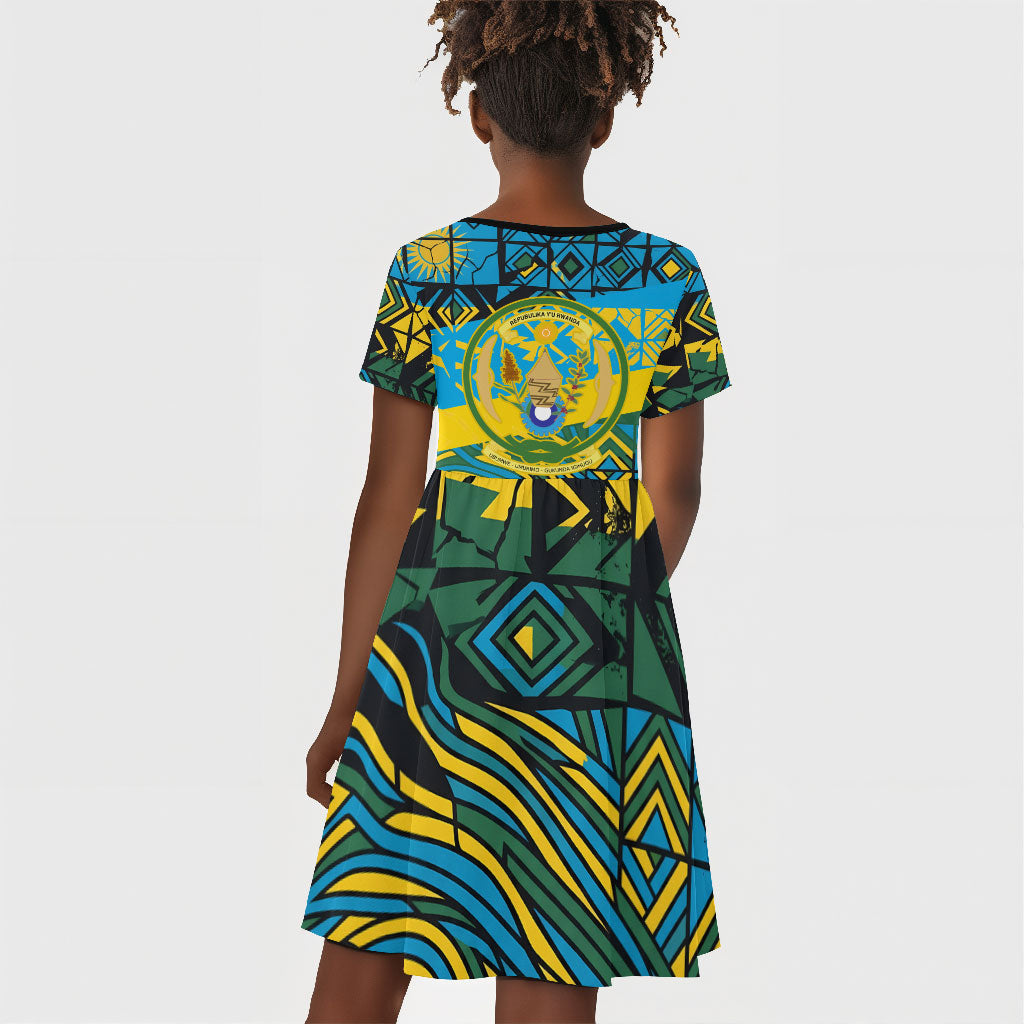 Rwanda Independence Day Kid Short Sleeve Dress Tribal Geometric Pattern - National Coat Of Arms And Sunburst