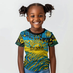 Rwanda Independence Day Kid T shirt Tribal Geometric Pattern - National Coat Of Arms And Sunburst