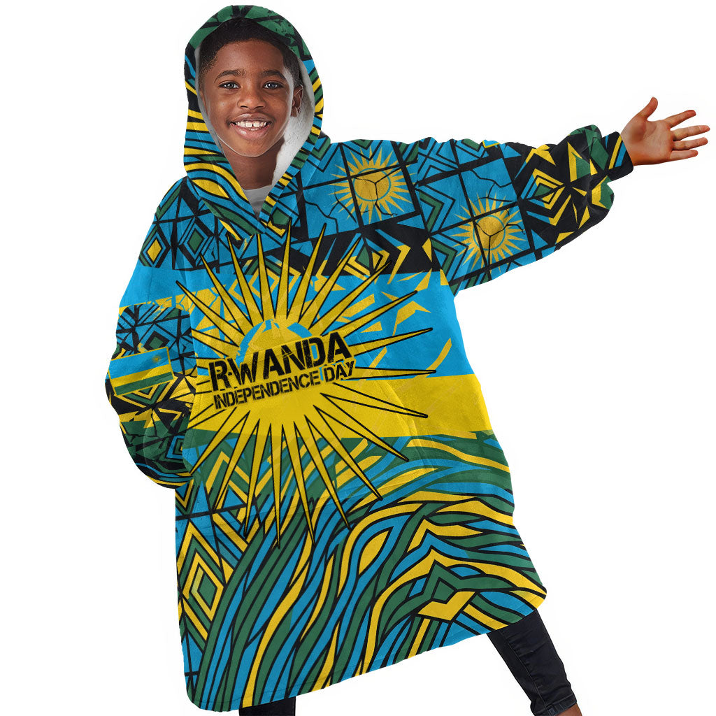 Rwanda Independence Day Kid Wearable Blanket Hoodie Tribal Geometric Pattern - National Coat Of Arms And Sunburst