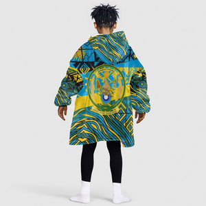 Rwanda Independence Day Kid Wearable Blanket Hoodie Tribal Geometric Pattern - National Coat Of Arms And Sunburst