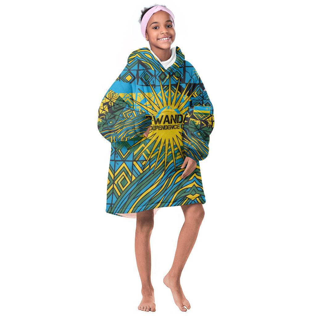 Rwanda Independence Day Kid Wearable Blanket Hoodie Tribal Geometric Pattern - National Coat Of Arms And Sunburst