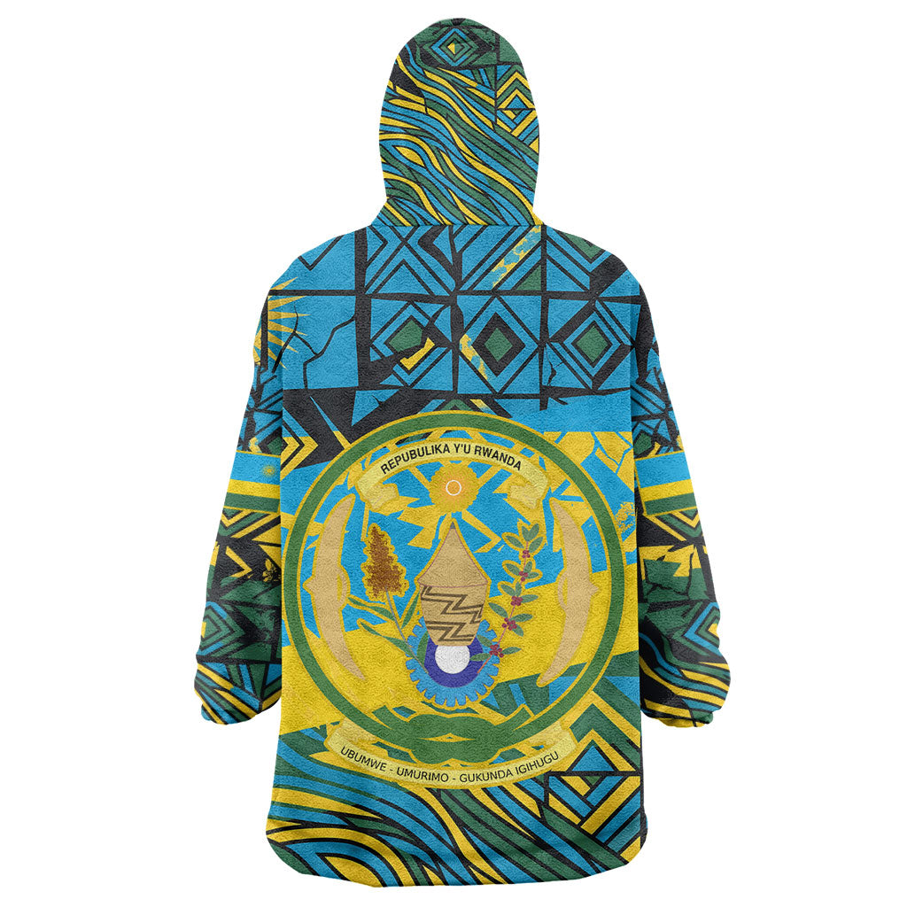 Rwanda Independence Day Kid Wearable Blanket Hoodie Tribal Geometric Pattern - National Coat Of Arms And Sunburst