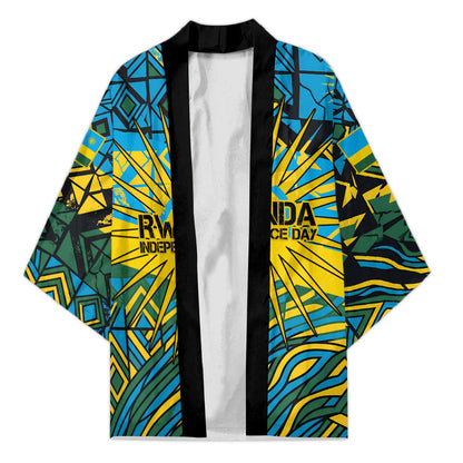 Rwanda Independence Day Kimono Tribal Geometric Pattern - National Coat Of Arms And Sunburst
