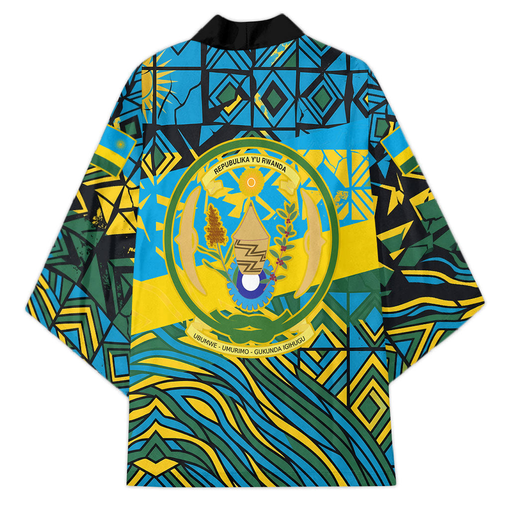 Rwanda Independence Day Kimono Tribal Geometric Pattern - National Coat Of Arms And Sunburst