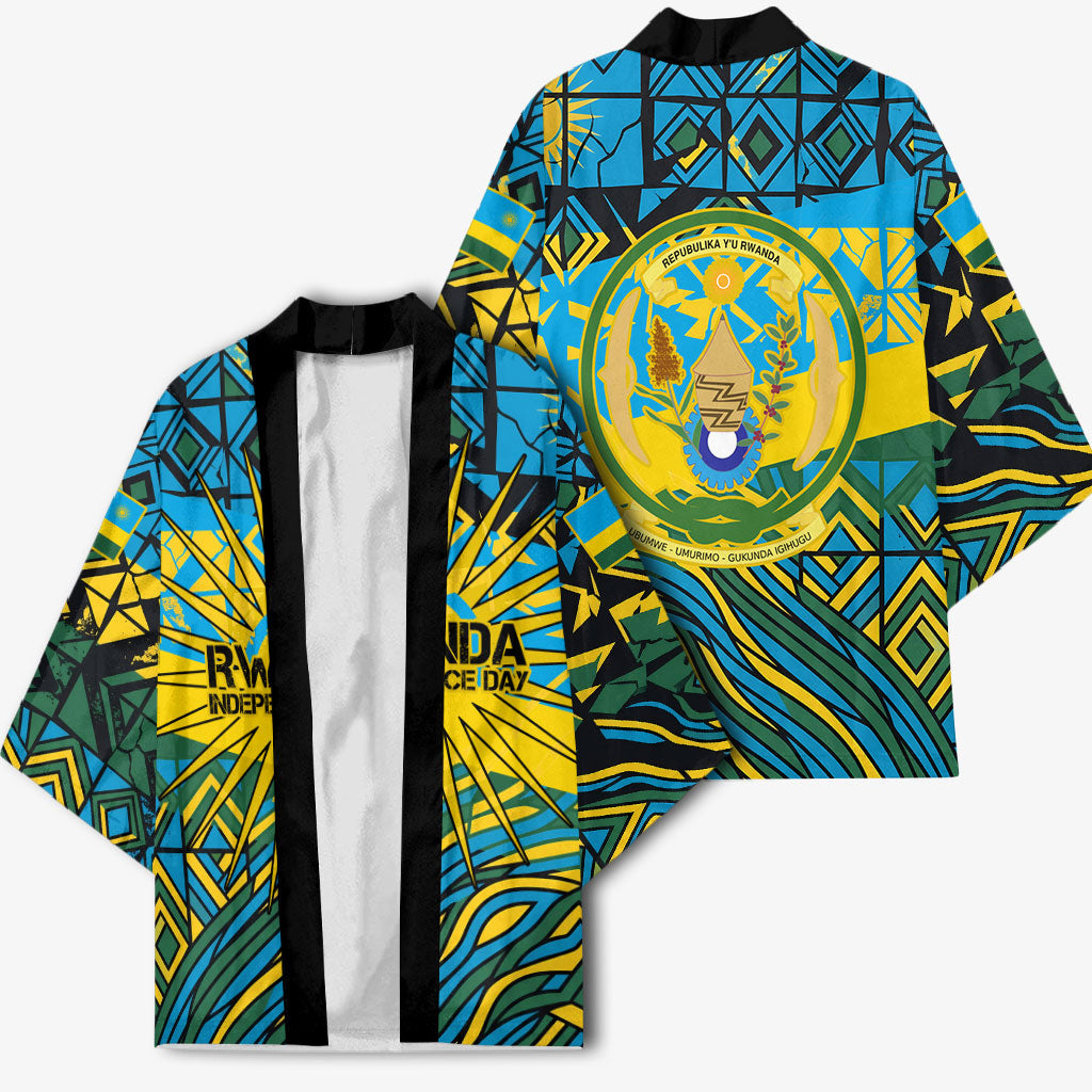 Rwanda Independence Day Kimono Tribal Geometric Pattern - National Coat Of Arms And Sunburst