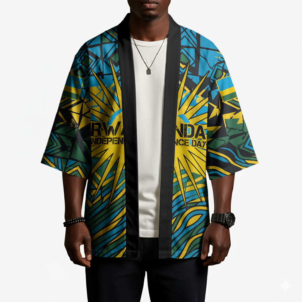 Rwanda Independence Day Kimono Tribal Geometric Pattern - National Coat Of Arms And Sunburst